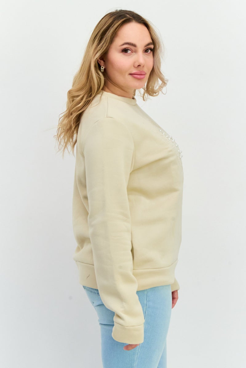 Buzz سويت شيرت نسائي بأكمام طويلة وياقة دائرية، بيج - Image 2