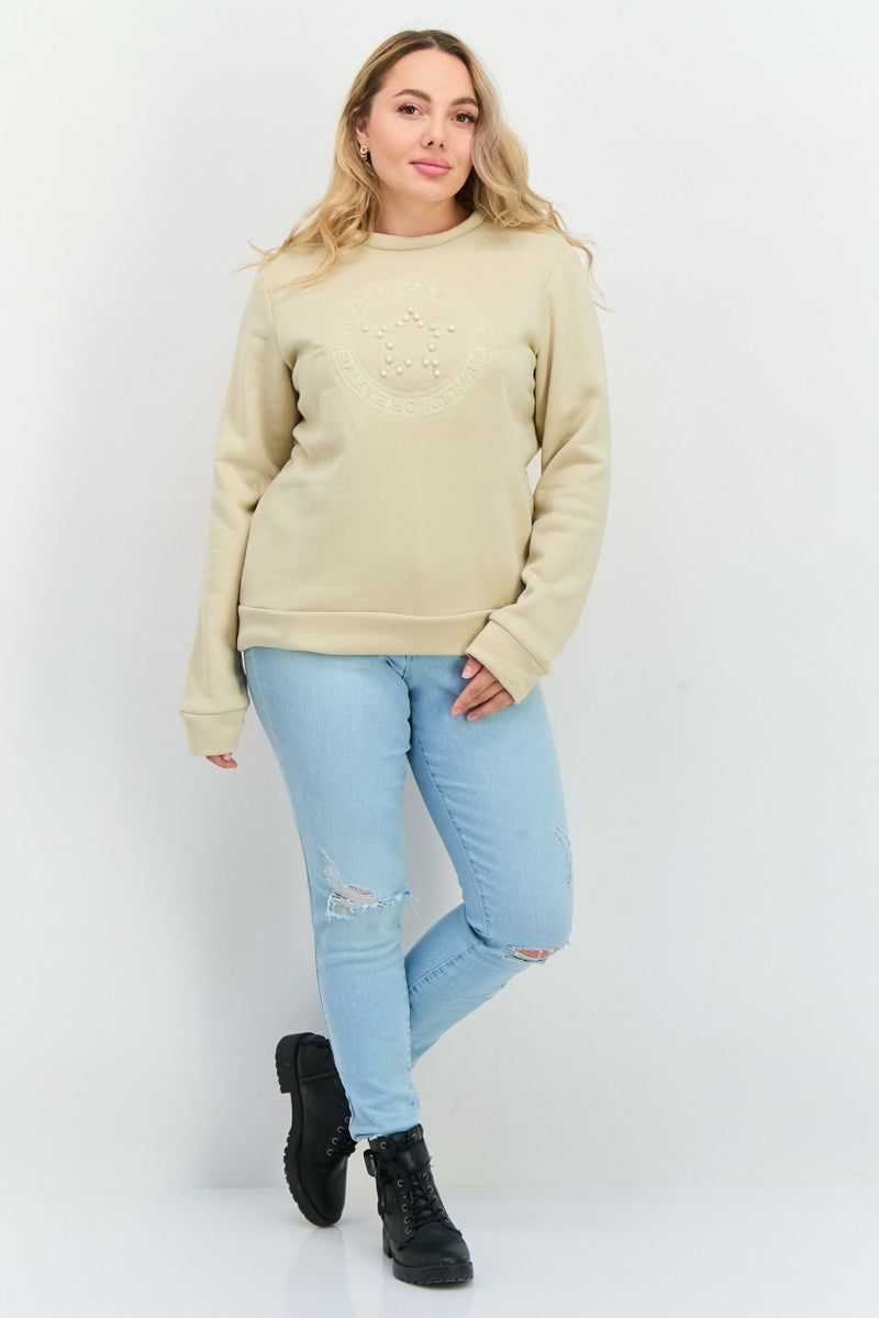 Buzz سويت شيرت نسائي بأكمام طويلة وياقة دائرية، بيج - Image 4