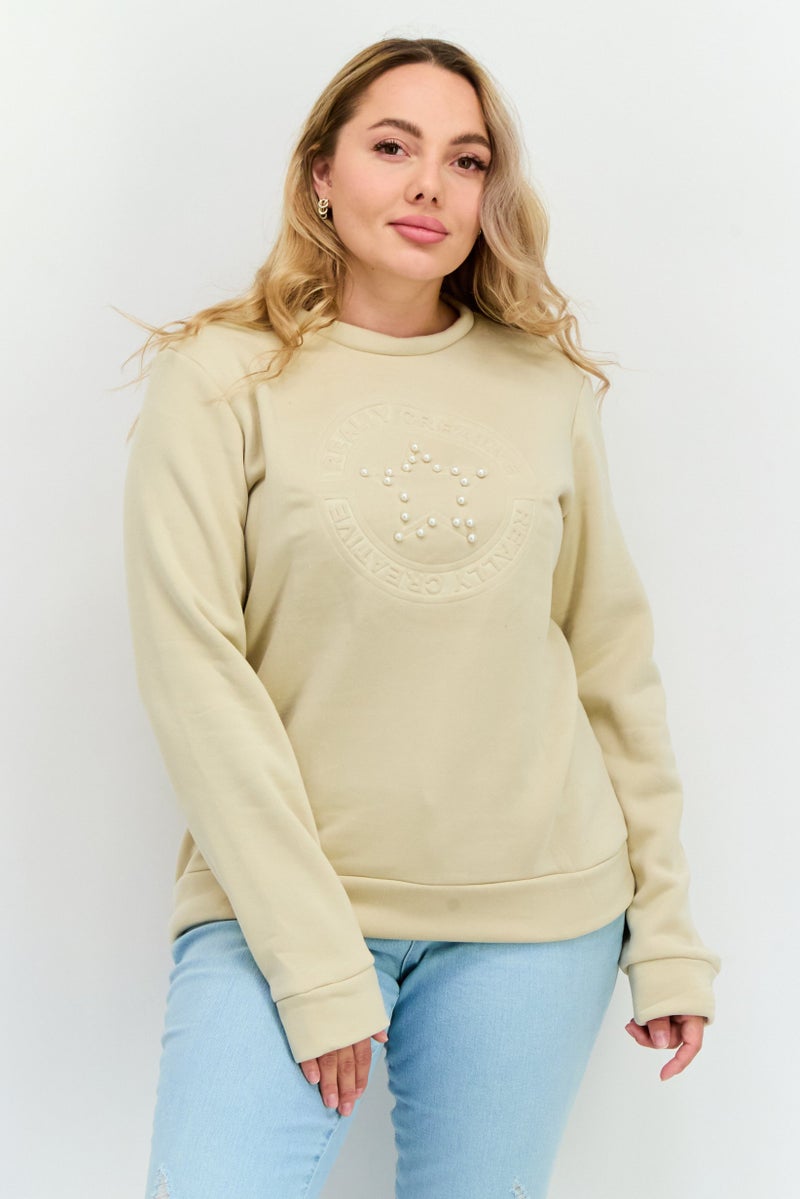 Buzz سويت شيرت نسائي بأكمام طويلة وياقة دائرية، بيج - Image 1