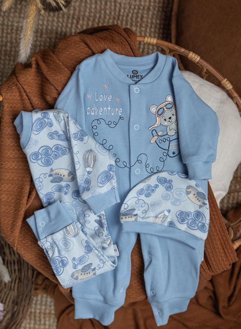 لوميكس Lumex Baby Adventure Theme Sleepwear Set, Blue Cotton Bodysuit and Trousers with Aeroplane Print 