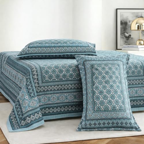 ElanorHomes Cotton Double King Size Bedsheet | Hand Printed | Ultra-Soft & Skin-Safe | Breathable Summer Comfort | 90x108 inches with 2 Pillow Covers (Firozi Chhaon) - Image 1