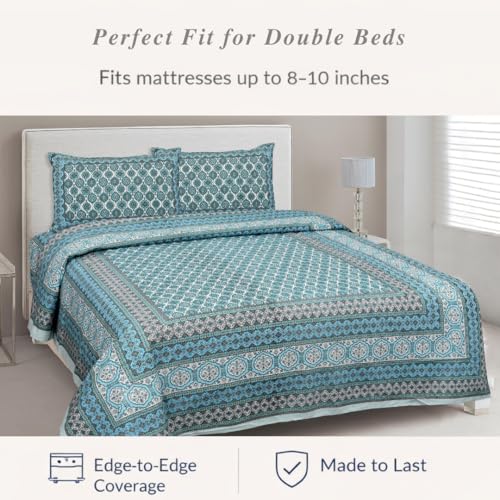 ElanorHomes Cotton Double King Size Bedsheet | Hand Printed | Ultra-Soft & Skin-Safe | Breathable Summer Comfort | 90x108 inches with 2 Pillow Covers (Firozi Chhaon) - Image 4