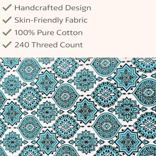 ElanorHomes Cotton Double King Size Bedsheet | Hand Printed | Ultra-Soft & Skin-Safe | Breathable Summer Comfort | 90x108 inches with 2 Pillow Covers (Firozi Chhaon) - Image 3