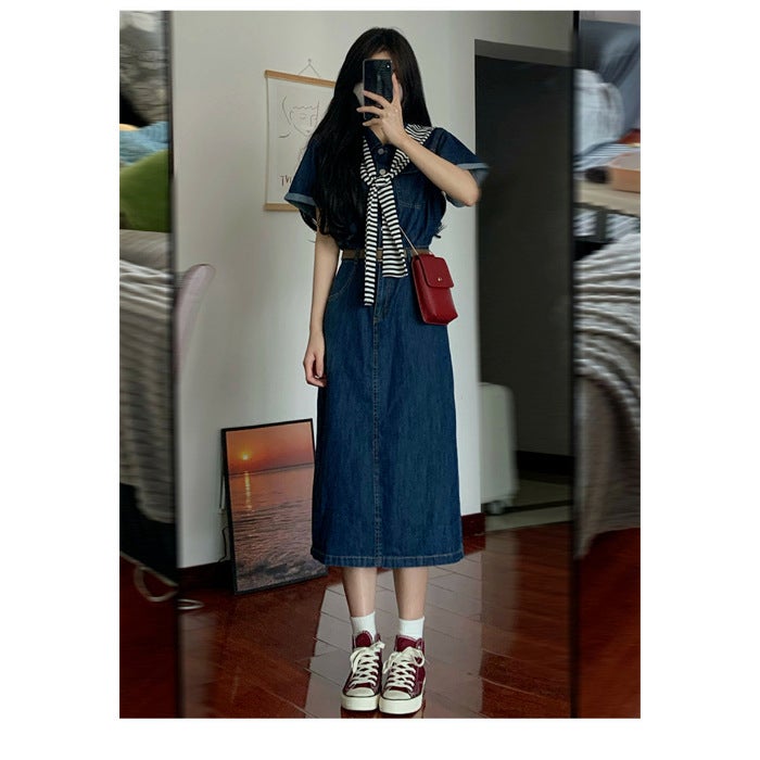 Denimdress French Style 2024 New Womens Clothing Summer Fashion Long Dress Elegant Tea Time Petite Dress For Women Long cover * 5090 [cowboy dress shawl belt]] 