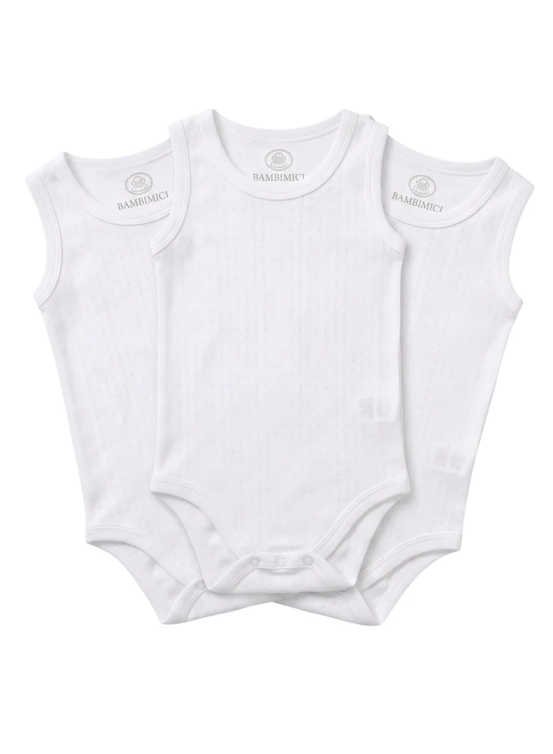Bambimici Baby White Sleeveless Bodysuits – 3-Piece Set | Soft Ribbed Cotton Infant Onesies