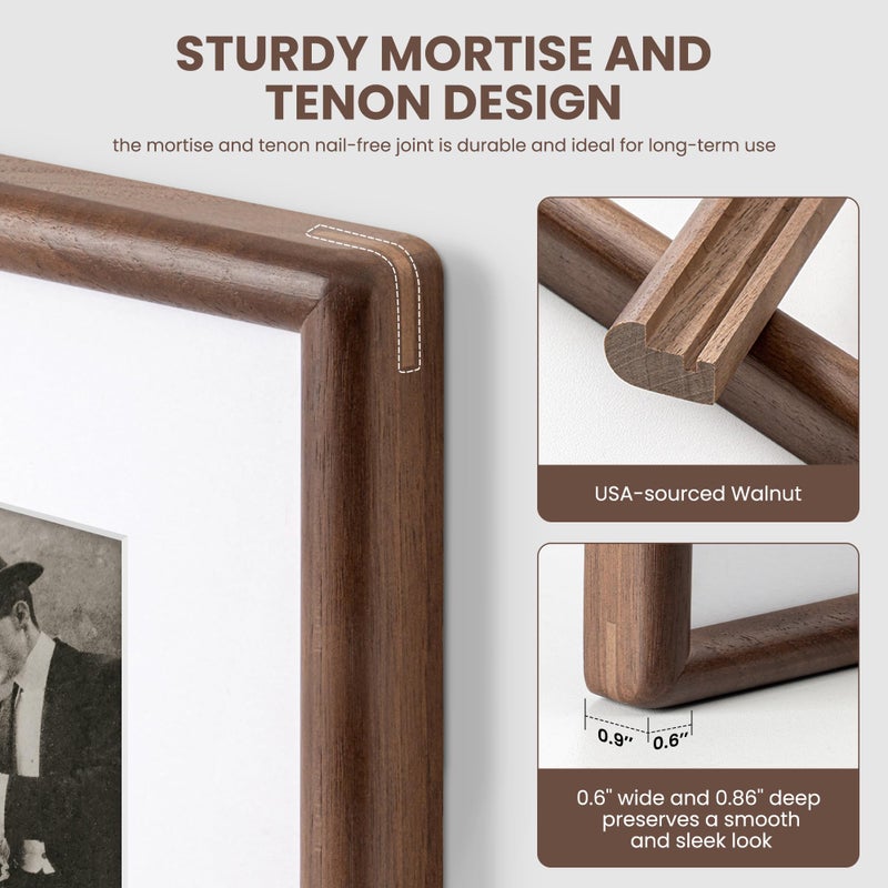 Axeman 8 x 10 Walnut Frame - Rounded Corner 8x10 Picture Frame Matted to 5x7 - Walnut Wood 8 by 10 Photo Frame with Tempered Glass for Tabletop or Wall Mount Display - Image 3