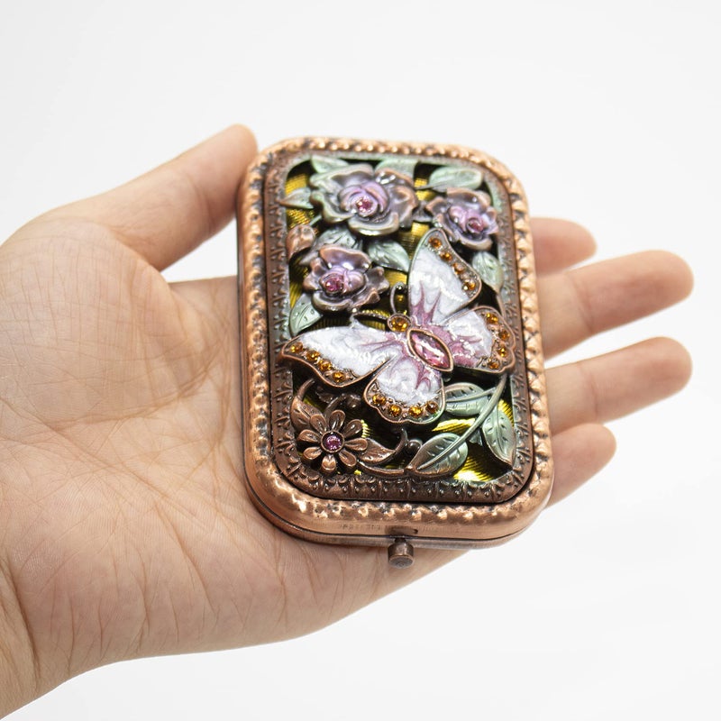 Warmtree Vintage Makeup Mirror Metal Portable Foldable Mirror Butterfly Vanity Mirror Double Sided Compact Cosmetic Mirror Travel Mirror (A) - Image 2