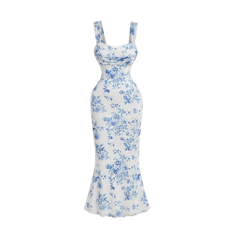 Women's Blue and White Porcelain Print Bodycon Mermaid Dress with Spaghetti Straps - Image 5