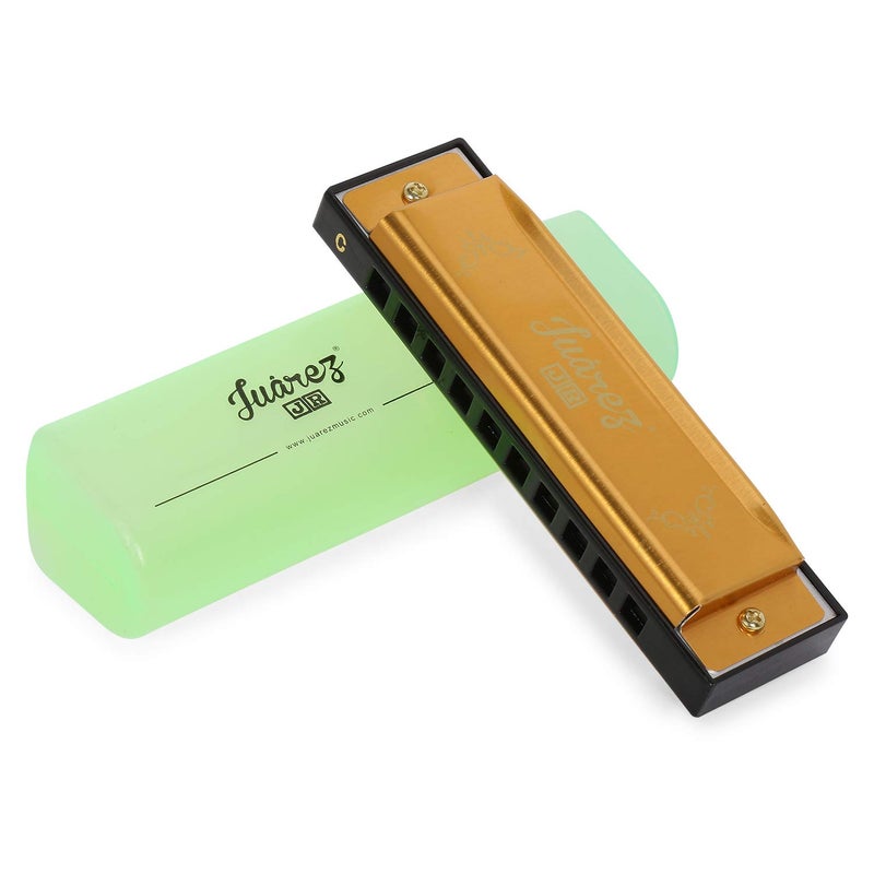 Juarez Junior JJ10HG 10 Holes Educational Harmonica Key of C Scale | Mouth Organ | Cover - Aluminum | Comb - Abs | Reed – Aluminum Gold - Image 1