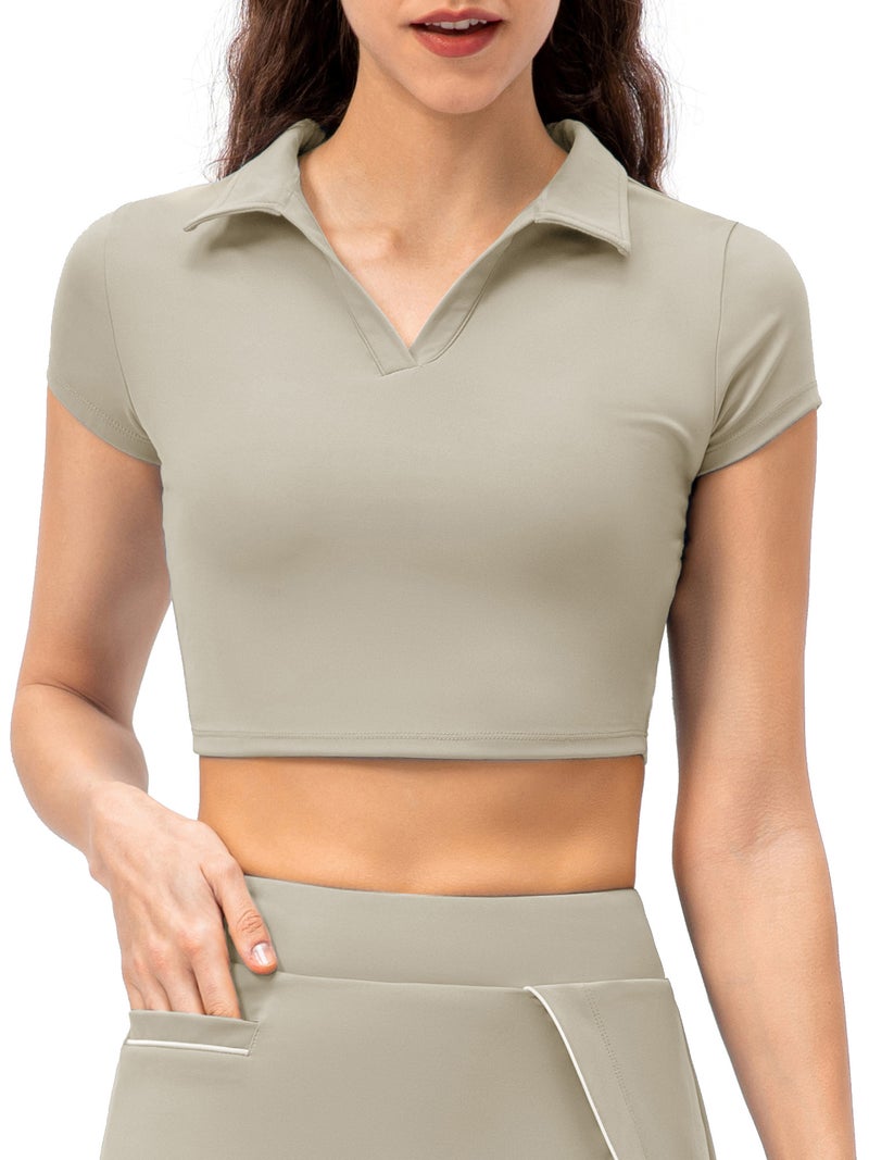 Slim T-shirt Small Khaki Stretchy Fabric Crop T-shirt - Slim Fit Tight Shirts for Sports Workout Tennis Golf Running - Image 1