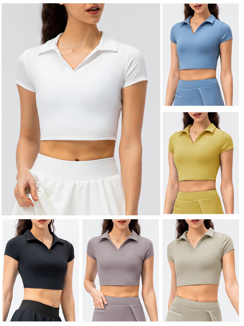 Slim T-shirt Small Khaki Stretchy Fabric Crop T-shirt - Slim Fit Tight Shirts for Sports Workout Tennis Golf Running - Image 4
