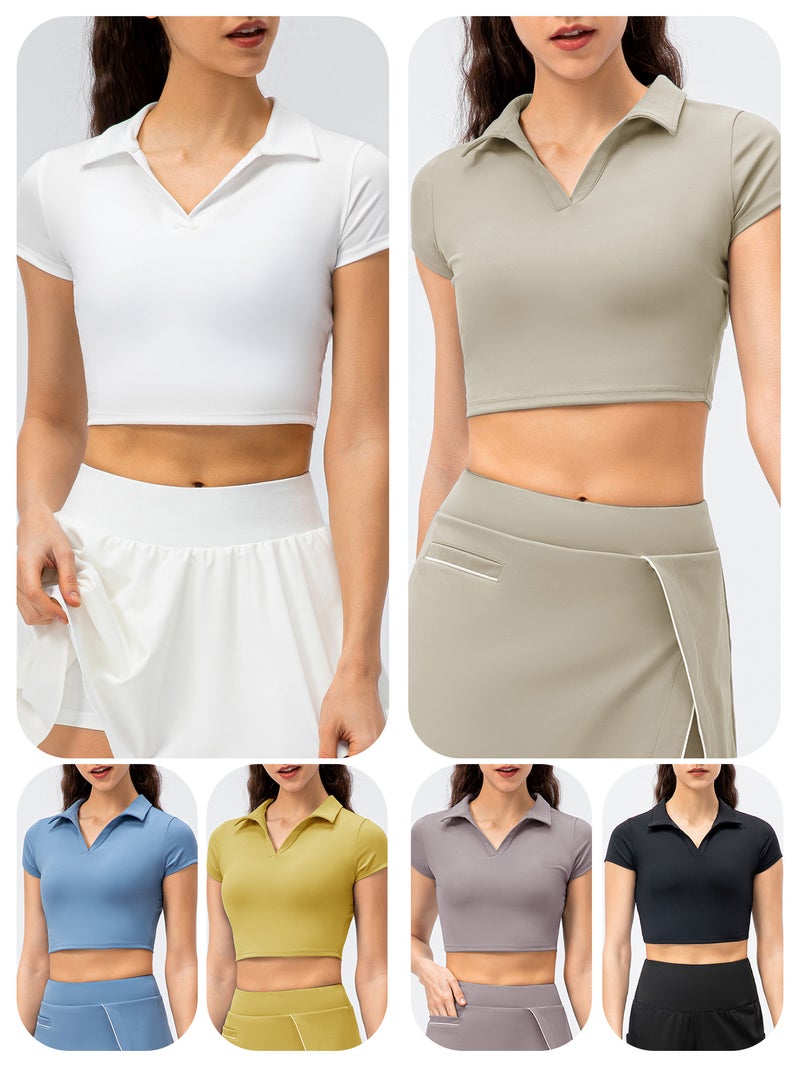 Slim T-shirt Small Khaki Stretchy Fabric Crop T-shirt - Slim Fit Tight Shirts for Sports Workout Tennis Golf Running - Image 5