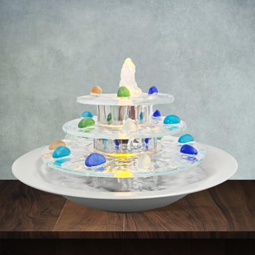 Pamopamo Indoor Tabletop Fountain 3-Tier Waterfall, Zen Meditation Fountain with LED Light, Small Desk Water Feature Soothing Sound Relaxing for Office Home Décor - Image 1