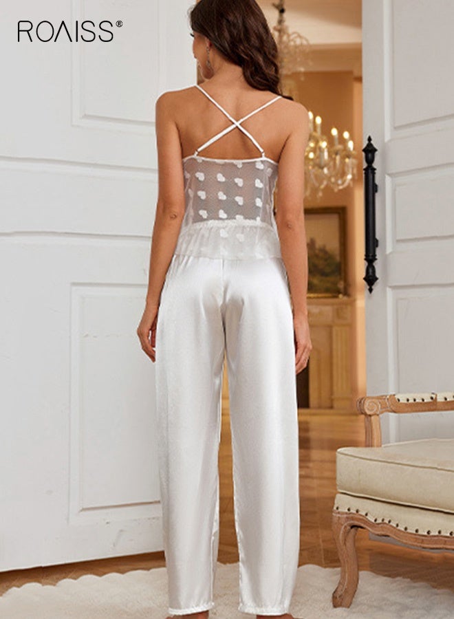 roaiss Womens Classic Pajama Set Thin Ice Silk Suspender Pajamas and Long Pants Ladies Temperament Soft Comfortable Home Clothes Skin-Friendly Breathable Mesh Back Home Wear  - Image 3