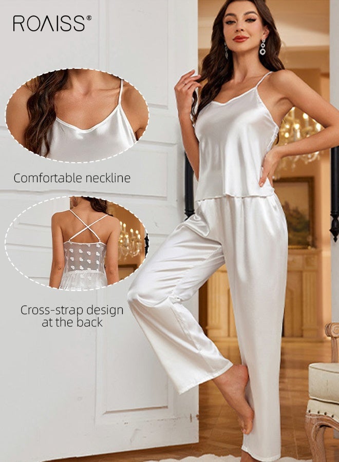 رويس طقم بيجامات نسائي كلاسيكي من الحرير الجليدي الرقيق مع حمالة صدر وبنطلون طويل، ملابس منزلية ناعمة ومريحة، لطيفة على البشرة، شبكية قابلة للتهوية، ملابس منزلية خلفية - Image 4