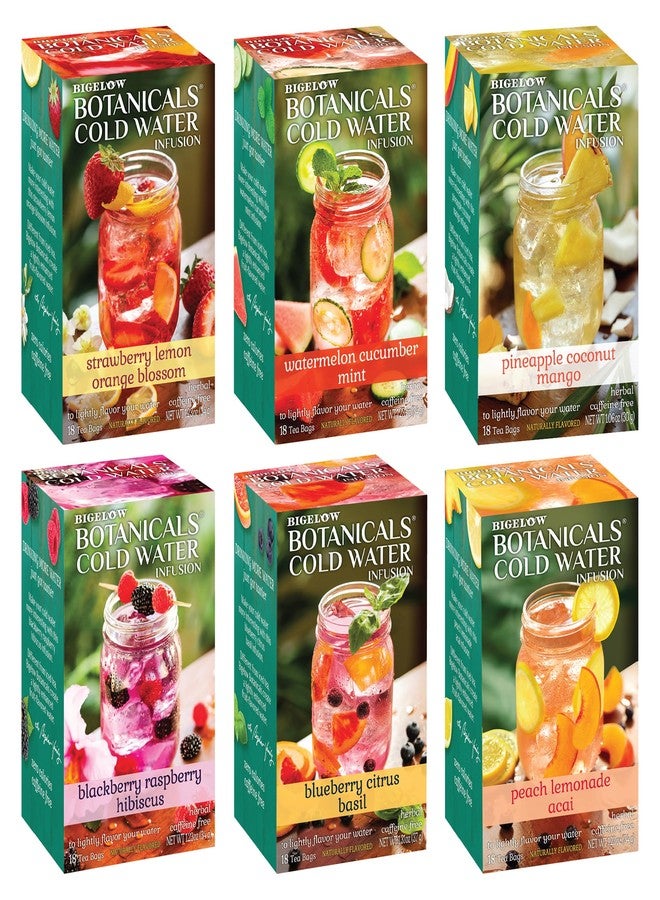 Bigelow Tea Bigelow Botanicals Cold Water Infusion Herbal Variety Pack, Caffeine Free Tea with Cranberry, Watermelon, Blackberry, Strawberry, Peach & Blueberry Flavor, 18 Count Box (Pack of 6), 108 Total Tea Bags - Image 1