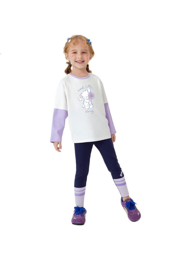 Mqdmini Girls' Long-Sleeve T-Shirt, Children'S Faux Two-Piece Solid Color T-Shirt, Fashionable Printed Top For Little Girls, Floral And Bunny Design - Image 3