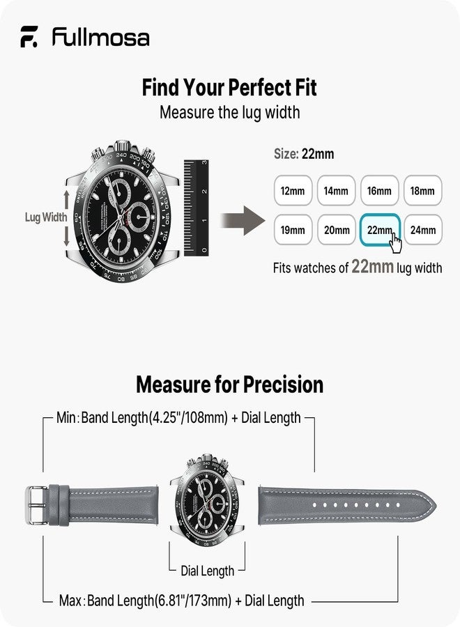 Fullmosa Axus Series 12 Colours Watch Strap, Replacement Watch Strap with Stainless Steel Metal Clasp for Men and Women, 22 mm, Grey - Image 5