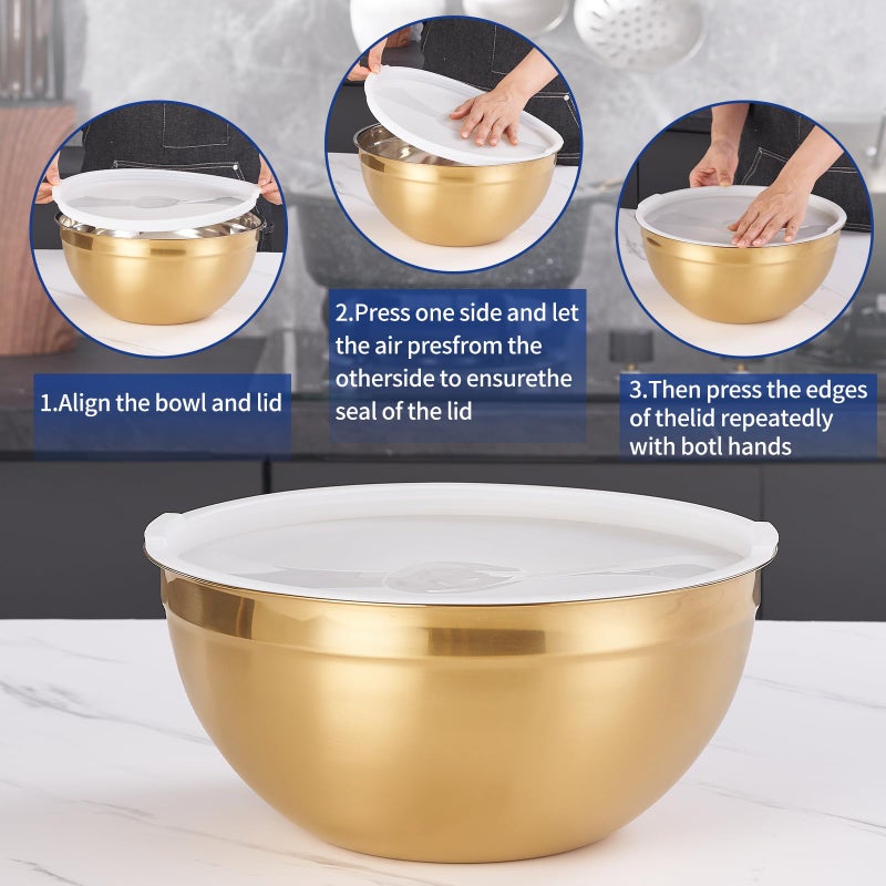 Moxinox Gold Mixing Bowls with Airtight Lids, Stainless Steel Nesting Mixing Bowls Set of 7, Ideal for Baking, Prepping and Serving Food, Size 7, 3.6, 2.7, 2.1, 1.5, 1.1,0.8 QT, Stackable Design - Image 4