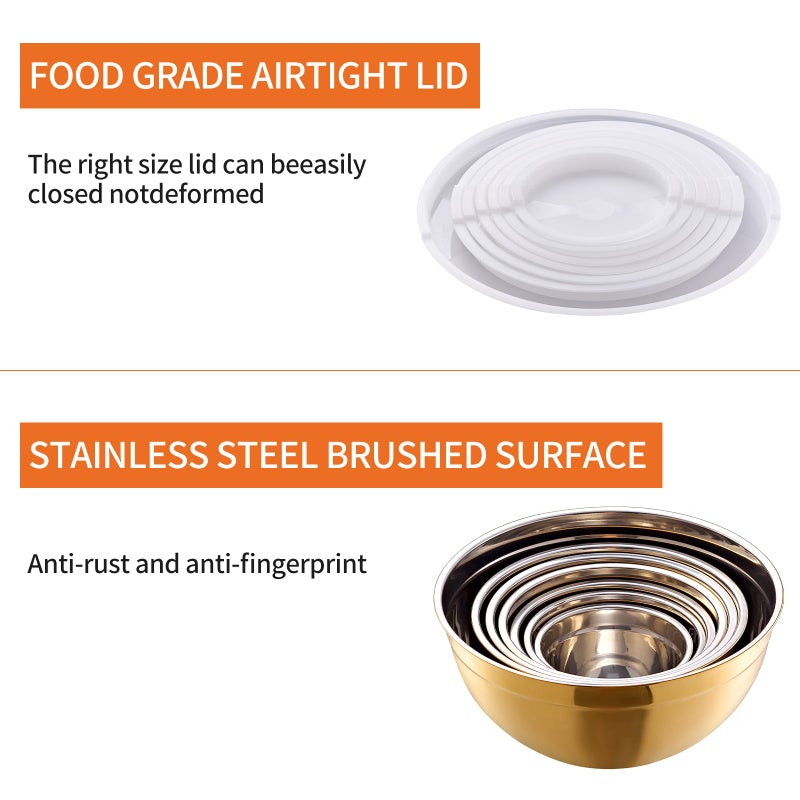 Moxinox Gold Mixing Bowls with Airtight Lids, Stainless Steel Nesting Mixing Bowls Set of 7, Ideal for Baking, Prepping and Serving Food, Size 7, 3.6, 2.7, 2.1, 1.5, 1.1,0.8 QT, Stackable Design - Image 5