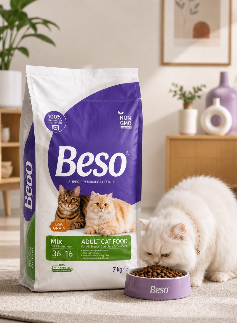 Beso Adult Dry Cat Food with Beef & Chicken Flavor, With Probiotics for Digestive Support, Complete Daily Nutrition, 7KG - Image 1