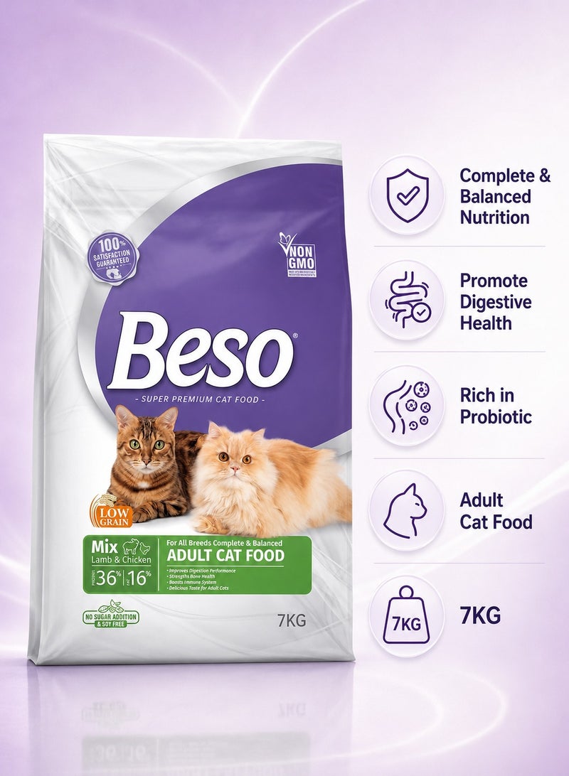 Beso Adult Dry Cat Food with Beef & Chicken Flavor, With Probiotics for Digestive Support, Complete Daily Nutrition, 7KG - Image 2