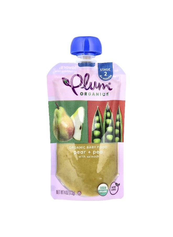 Plum Organics Plum Organics, Organic Baby Food, 6+ Months, Pear + Pea With Spinach, 4 oz (113 g)  - Image 1