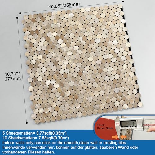 M MOFIT Small Penny Round Peel and Stick Backsplash Tile for Kitchen Wall,Metal Mosaic Tiles Stickers for Bathroom Behind Stove Fireplace (10sheets,Champagne Gold) - Image 5