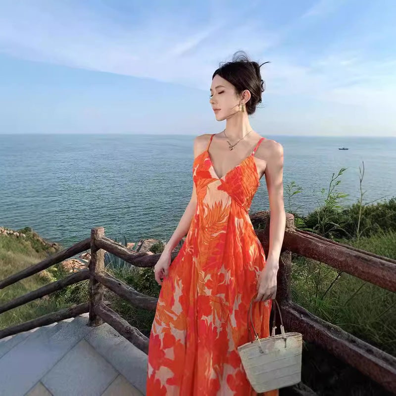 Women's 2024 Summer Orange Floral Pleated Cami Dress - Image 3