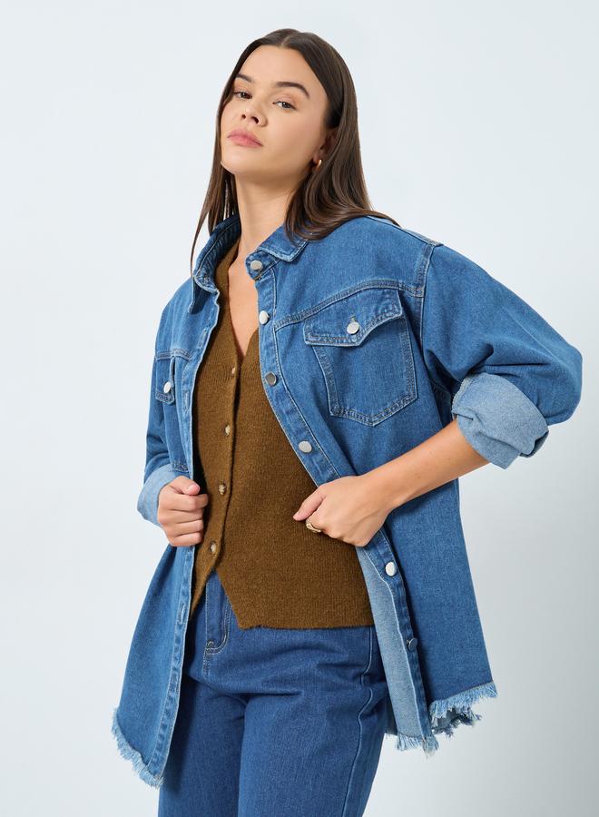 Styli Women Medium Blue Oversized Denim Shirt with Pockets - Image 1