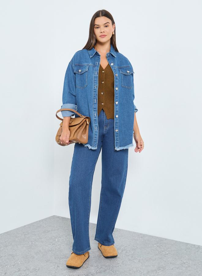 Styli Women Medium Blue Oversized Denim Shirt with Pockets - Image 2