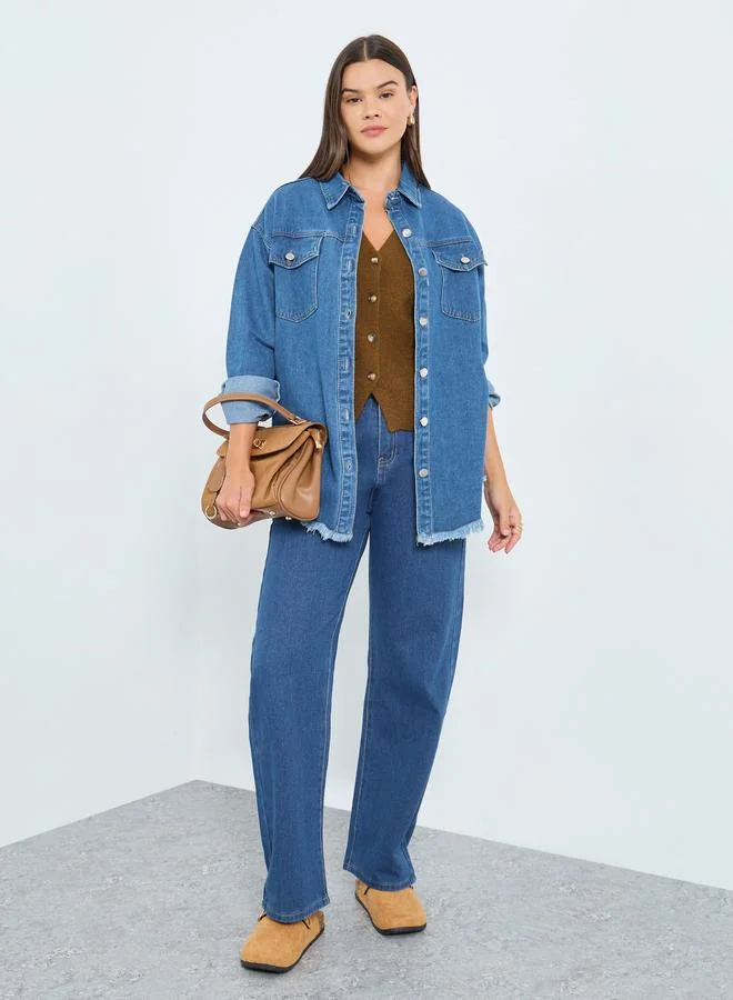 Styli Women Medium Blue Oversized Denim Shirt with Pockets