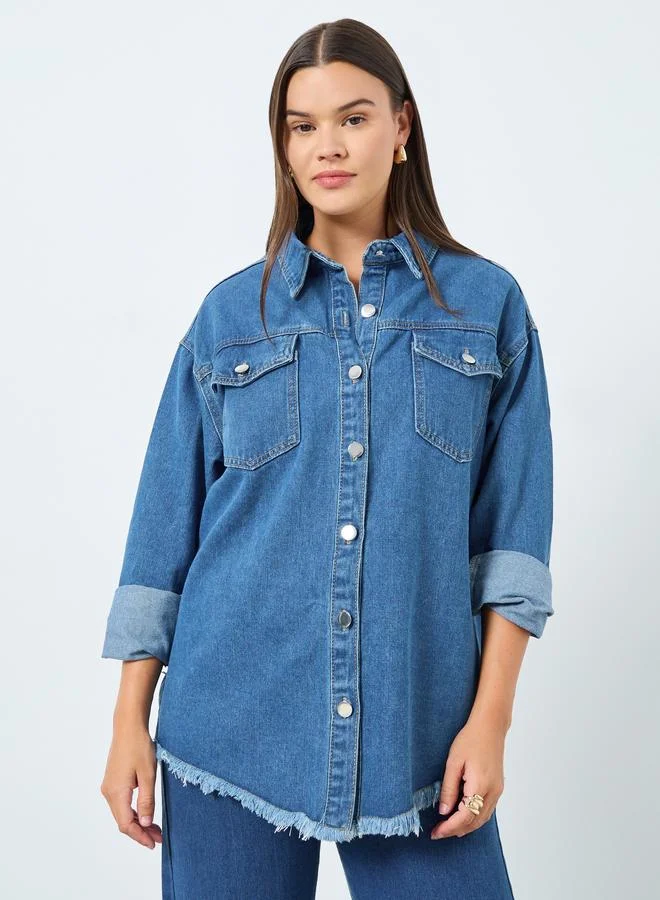 Styli Women Medium Blue Oversized Denim Shirt with Pockets