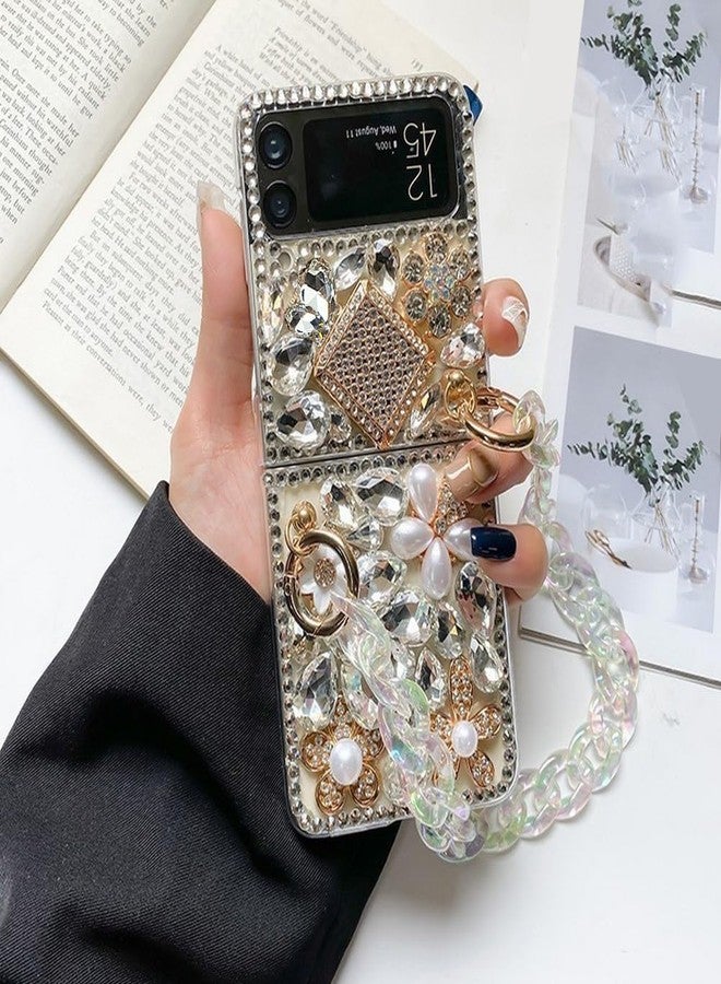 Omio for Samsung Galaxy Z Flip 4 5G Case with Strap Chain, 3D Handmade Sparkle Stunning Stones Crystal Diamond Glitter Rhinestones Hard PC Phone Case for Galaxy Z Flip 4 Women Girls, White - Image 1