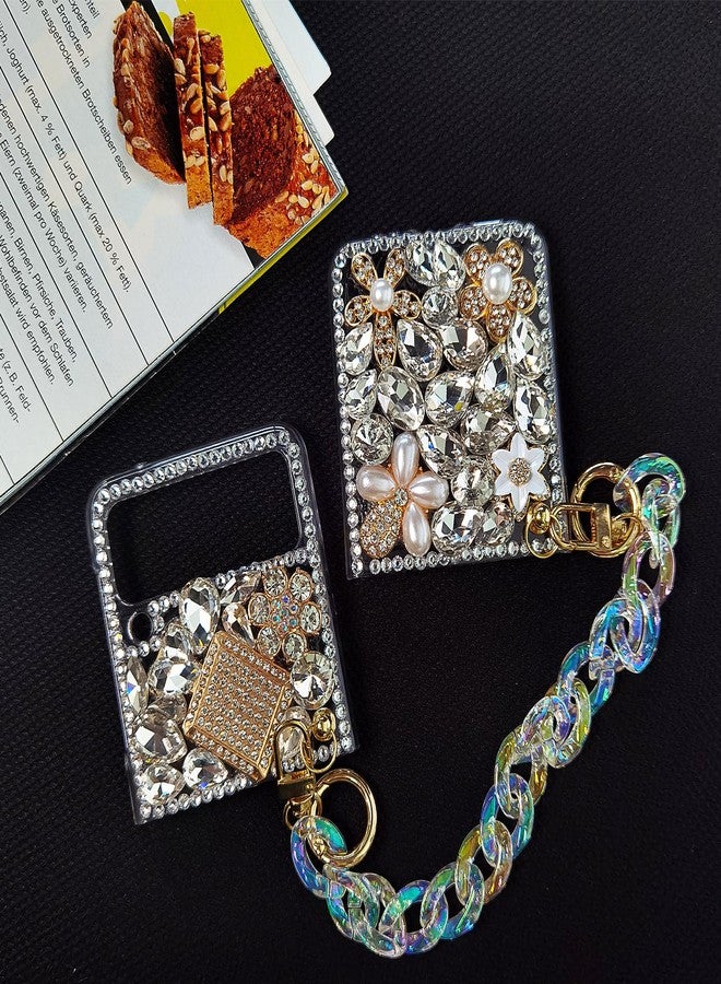 Omio for Samsung Galaxy Z Flip 4 5G Case with Strap Chain, 3D Handmade Sparkle Stunning Stones Crystal Diamond Glitter Rhinestones Hard PC Phone Case for Galaxy Z Flip 4 Women Girls, White - Image 2
