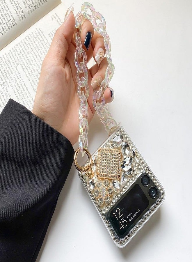 Omio for Samsung Galaxy Z Flip 4 5G Case with Strap Chain, 3D Handmade Sparkle Stunning Stones Crystal Diamond Glitter Rhinestones Hard PC Phone Case for Galaxy Z Flip 4 Women Girls, White - Image 4