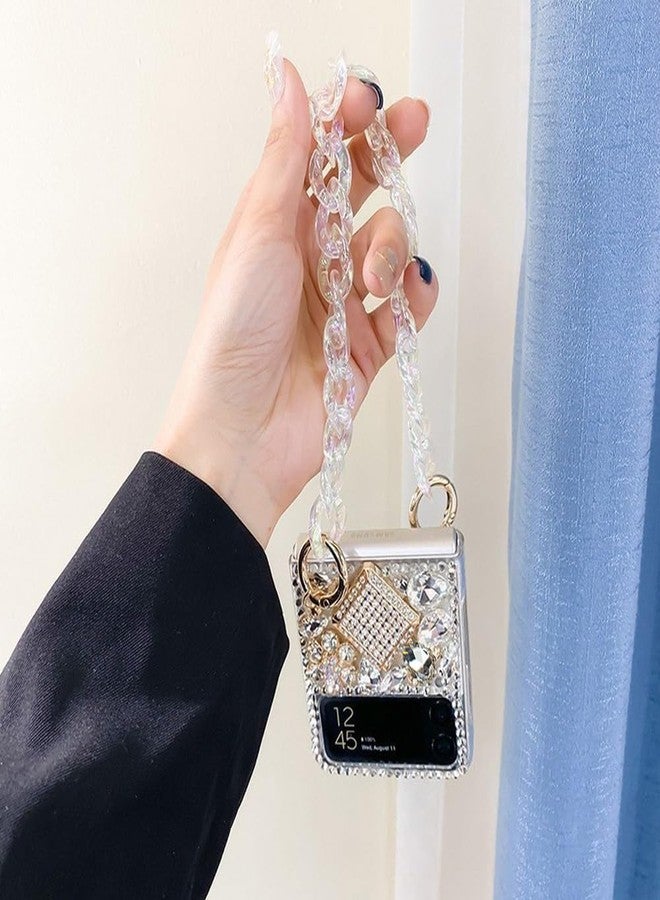 Omio for Samsung Galaxy Z Flip 4 5G Case with Strap Chain, 3D Handmade Sparkle Stunning Stones Crystal Diamond Glitter Rhinestones Hard PC Phone Case for Galaxy Z Flip 4 Women Girls, White - Image 3