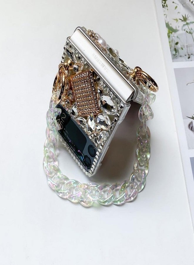 Omio for Samsung Galaxy Z Flip 4 5G Case with Strap Chain, 3D Handmade Sparkle Stunning Stones Crystal Diamond Glitter Rhinestones Hard PC Phone Case for Galaxy Z Flip 4 Women Girls, White - Image 5