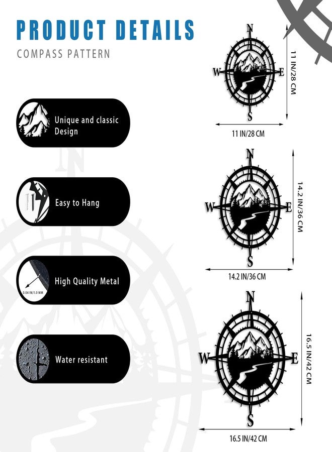 Resama Black Metal Mountain Nautical Compass Wall Decor, Forest Décorative Indoor or Outdoor Wall Hanging Art Perfect for Beach Coastal Themes - Image 3