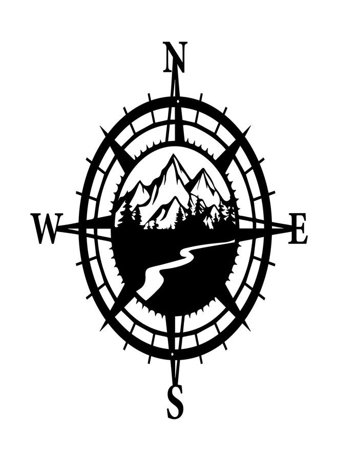 Resama Black Metal Mountain Nautical Compass Wall Decor, Forest Décorative Indoor or Outdoor Wall Hanging Art Perfect for Beach Coastal Themes - Image 2