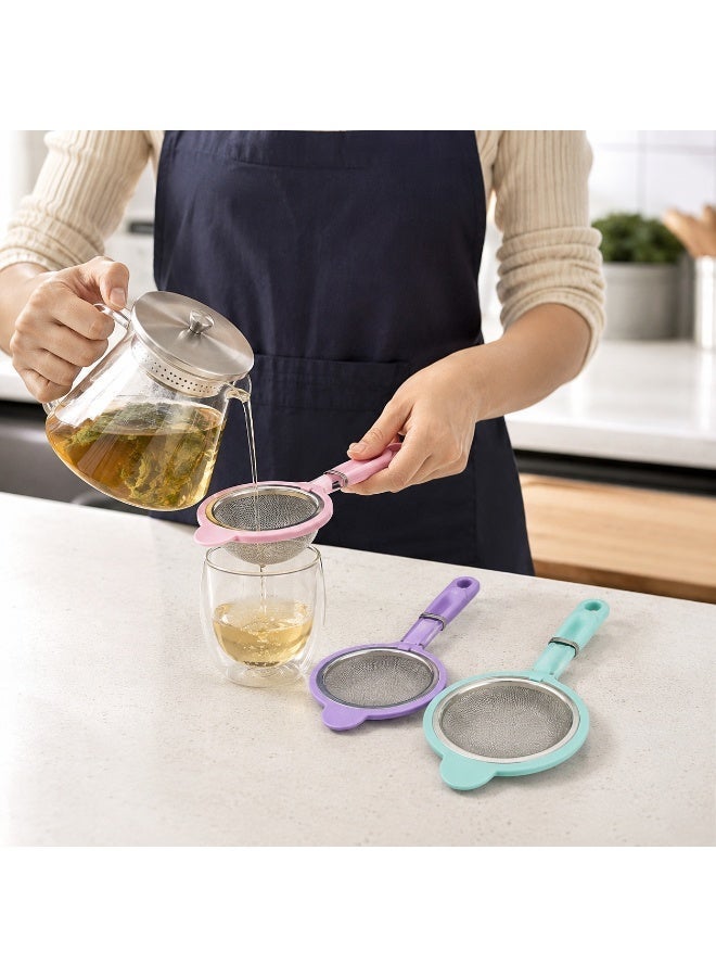 3-Piece Stainless Steel Fine Mesh Strainer Set with Colorful Plastic Handles for Tea, Juice & Flour Sifting - Multi-Color - Image 2