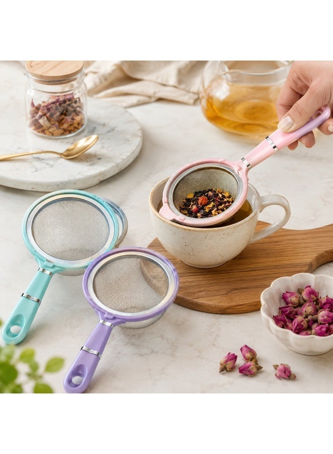 3-Piece Stainless Steel Fine Mesh Strainer Set with Colorful Plastic Handles for Tea, Juice & Flour Sifting - Multi-Color - Image 3