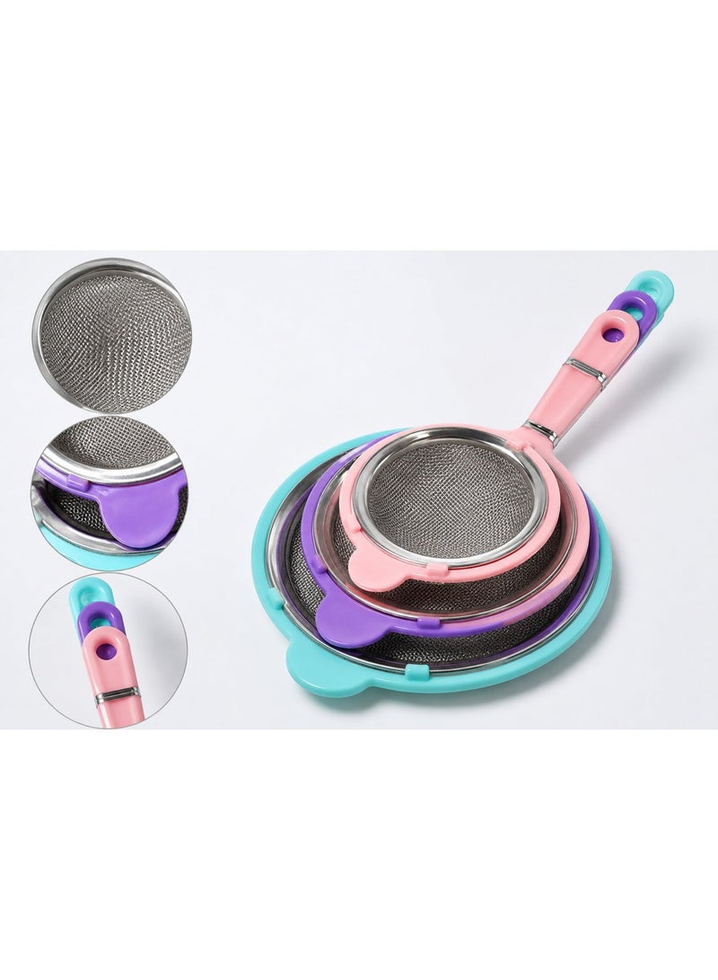 3-Piece Stainless Steel Fine Mesh Strainer Set with Colorful Plastic Handles for Tea, Juice & Flour Sifting - Multi-Color - Image 1