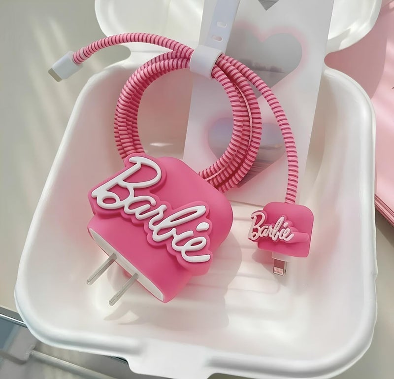 CERLINK حماة كابلات الشحن لشواحن آيفون 18 واط 20 واط نوع C، غلاف واقي لطيف ثلاثي الأبعاد بأسلوب كرتوني مجموعة حماية كاملة للشاحن والمحولات - 1 (باربي) - Image 2