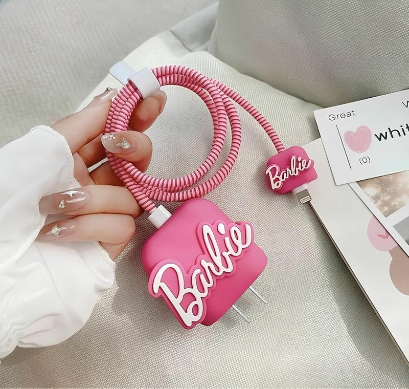 CERLINK حماة كابلات الشحن لشواحن آيفون 18 واط 20 واط نوع C، غلاف واقي لطيف ثلاثي الأبعاد بأسلوب كرتوني مجموعة حماية كاملة للشاحن والمحولات - 1 (باربي) - Image 3