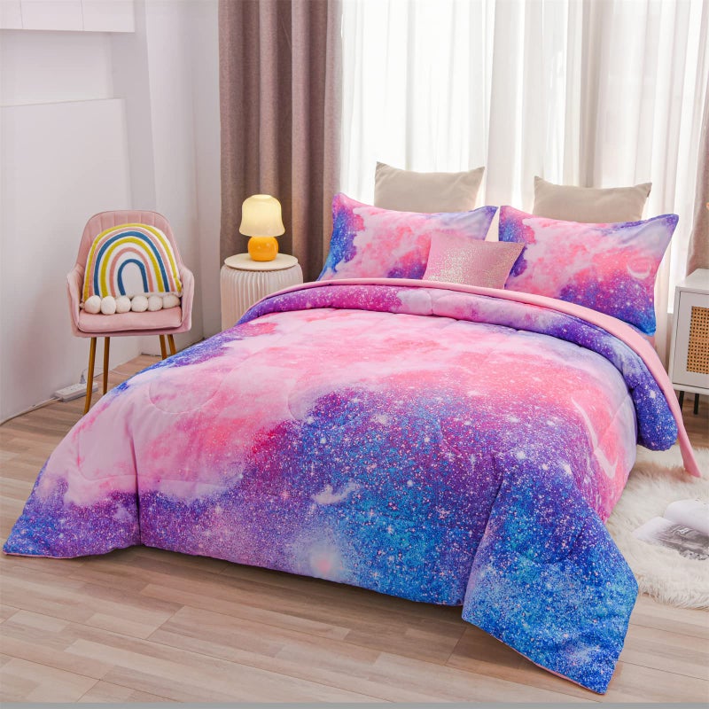 A Nice Night Galaxy Bedding Sets Outer Space Comforter 3D Printed Space Quilt Set Twin 6Pcs Glitter Pink,for Children Boy Girl Teen Kids - Image 2