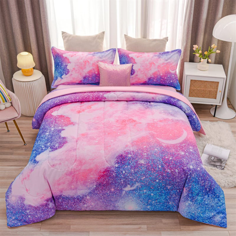 A Nice Night Galaxy Bedding Sets Outer Space Comforter 3D Printed Space Quilt Set Twin 6Pcs Glitter Pink,for Children Boy Girl Teen Kids - Image 1