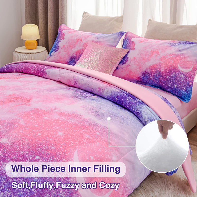 A Nice Night Galaxy Bedding Sets Outer Space Comforter 3D Printed Space Quilt Set Twin 6Pcs Glitter Pink,for Children Boy Girl Teen Kids - Image 4