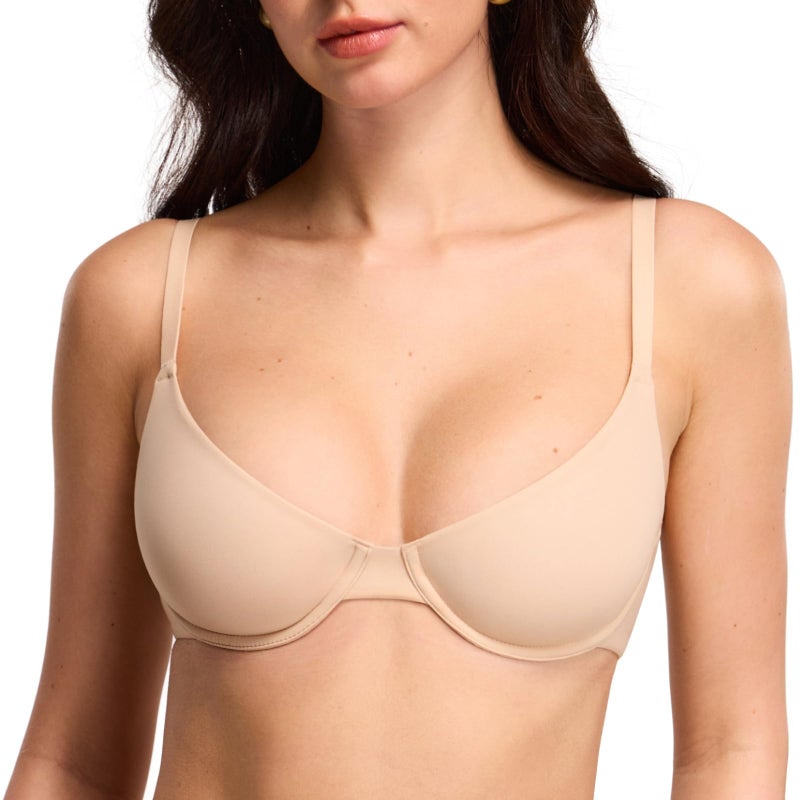 DOBREVA Women's Balconette Unlined Plunge Bra Underwire Demi Plus Size Bras Lounge Comfort Beige 36C - Image 1