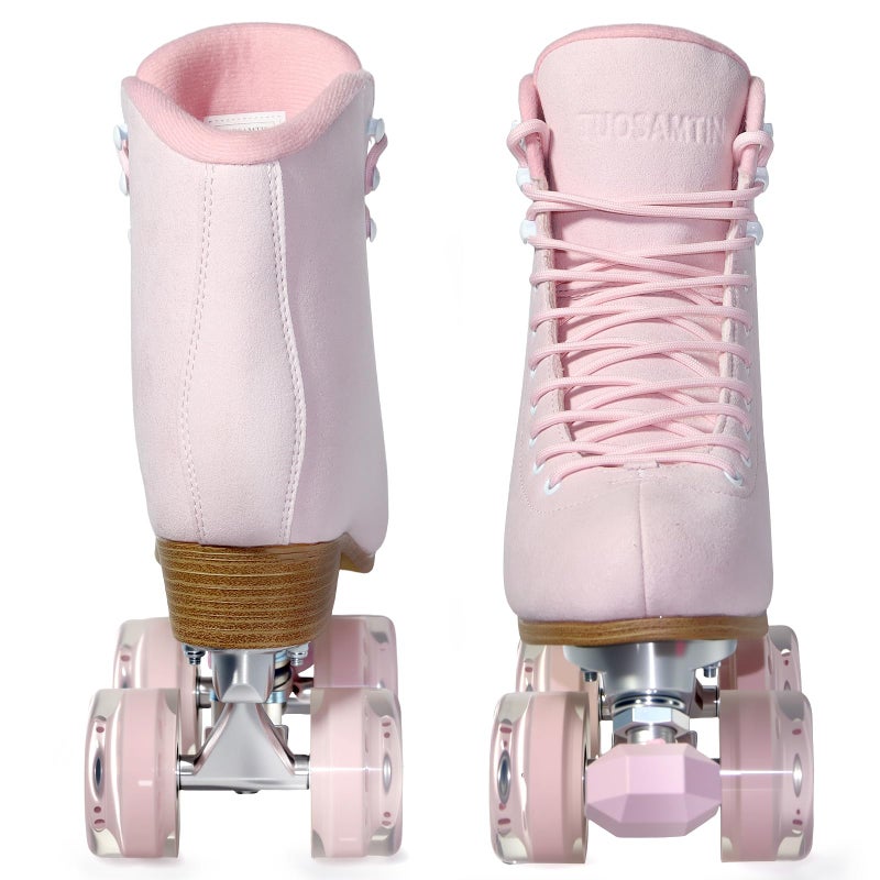 TUOSAMTIN Roller Skates for Women or Men with Height Adjustable Rubber Stoppers Retro Suede Quad Roller Skates for Outdoor and Indoor (Pink, 8) - Image 4
